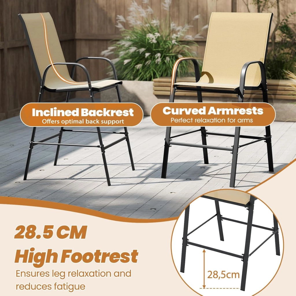 Set di 2 sgabelli da bar esterni, seggiolone con schienale e braccioli, sedia da bistrot in tessuto di carico 150 kg, per giardino, balcone, terrazza, 62 x 76 x 130 cm, beige
