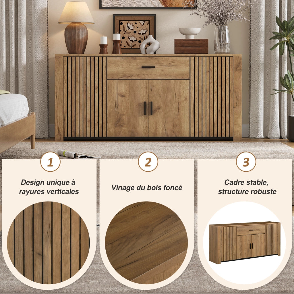 Credenza con 4 ante, 1 cassetto e ripiani regolabili, per soggiorno, in pannello truciolare rovere, 160 × 40 × 75 cm
