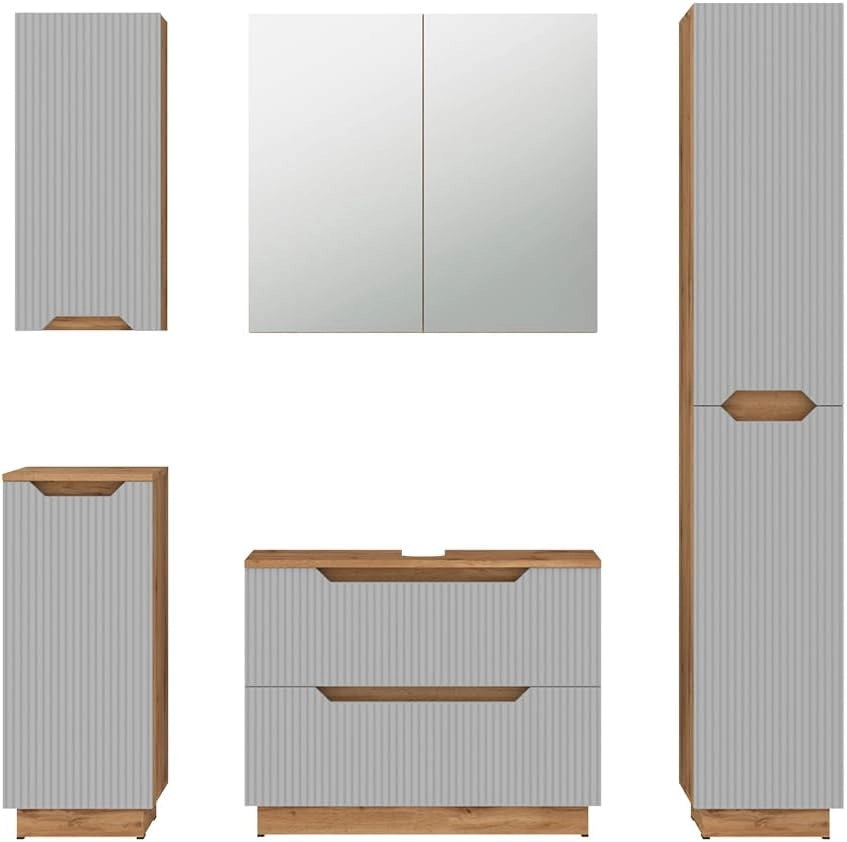 Set di mobili da bagno Lotta, Bianco, 79.6 cm, composto da mobile sottolavabo, specchiera, colonna, base media e pensile