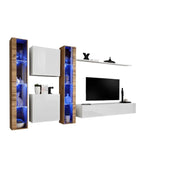 Set di mobili da salotto da parete SWITCH XVI design, colore bianco lucido e quercia Wotan.