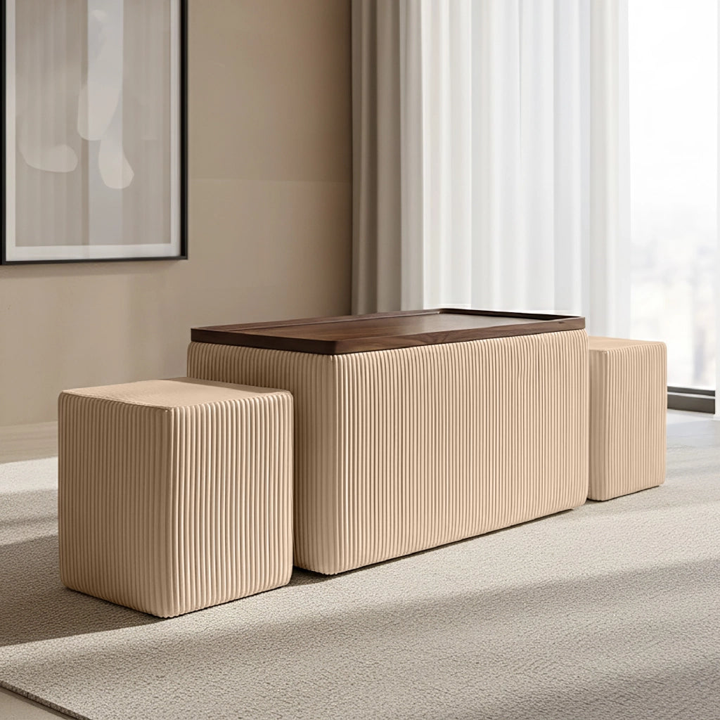 Set 3 Pouf Contenitore Quadrati con Tavolino Rettangolare da Salotto in Velluto e Coperchio in Legno, 2 Pouf Interni Salvaspazio, Tavolino Contenitore Moderno,Poggiapiedi, Seduta Imbottita Crema