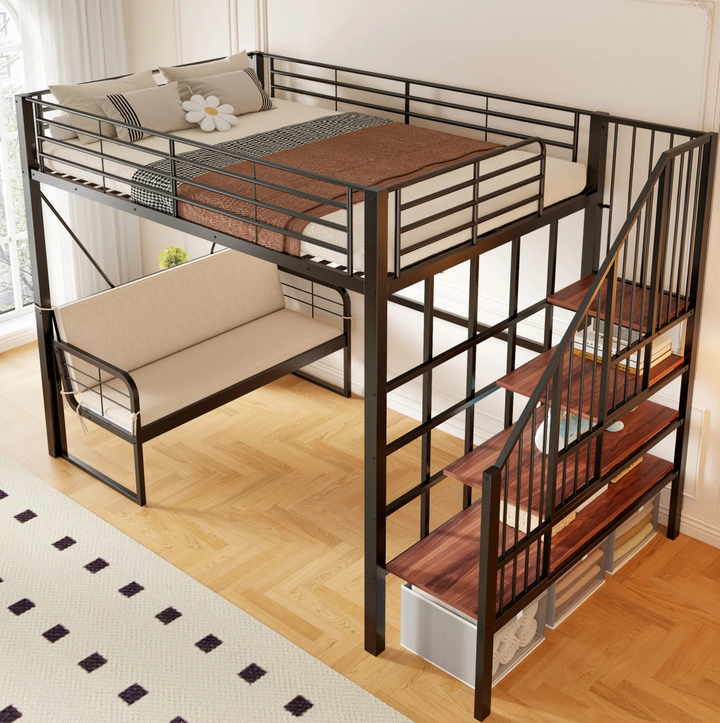 Letto a castello 140x200 cm in metallo con divano e scala
