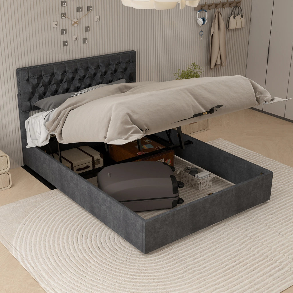 Letto moderno minimalista con testiera morbida - Zephmum - 160x200 cm - Grigio - Struttura alta con asta idraulica