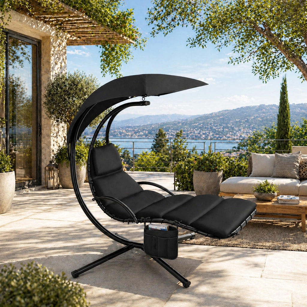 Sdraio A Sospensione Con Ombrellone Nero E Cuscino Ergonomico Amaca Da Giardino In Poliestere Resistente Per Arredamento Esterno Terrazzo Bordo Piscina Formato 195x132x197 Cm