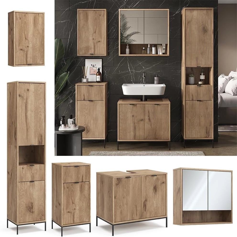 Set di mobili da bagno Eliza, Quercia vichinga, 70 cm, composto da mobile sottolavabo, specchiera, colonna, base media e pensile