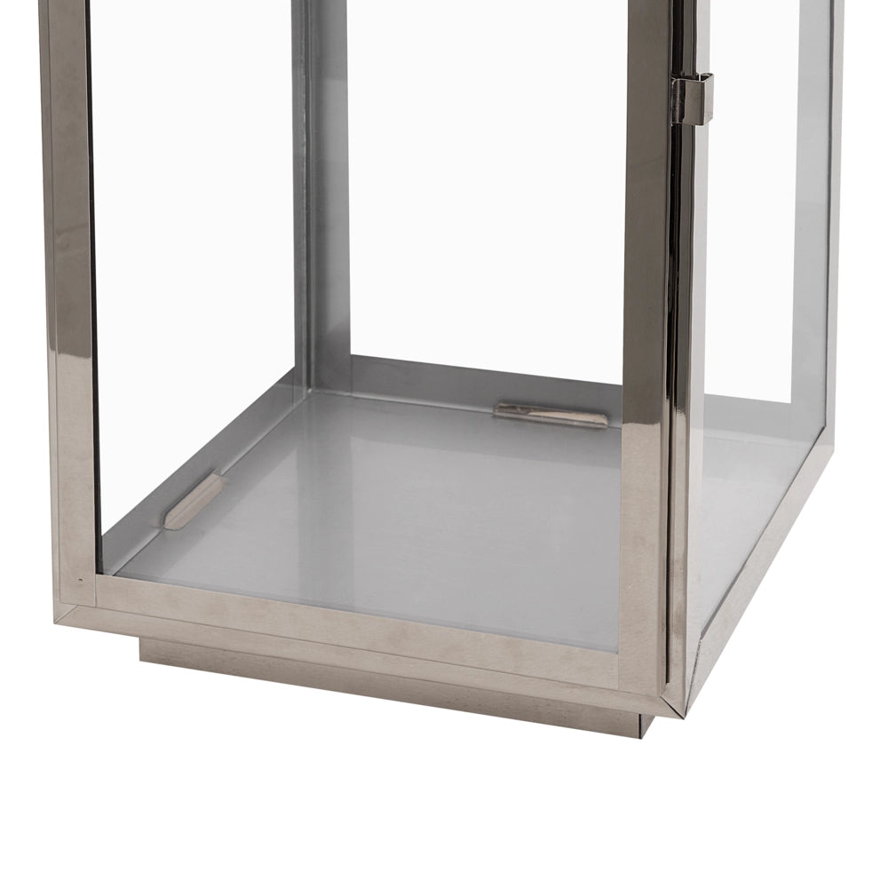 Lanterna in Metallo Argento Portacandele a Colonna in Acciaio Inox H 55 cm