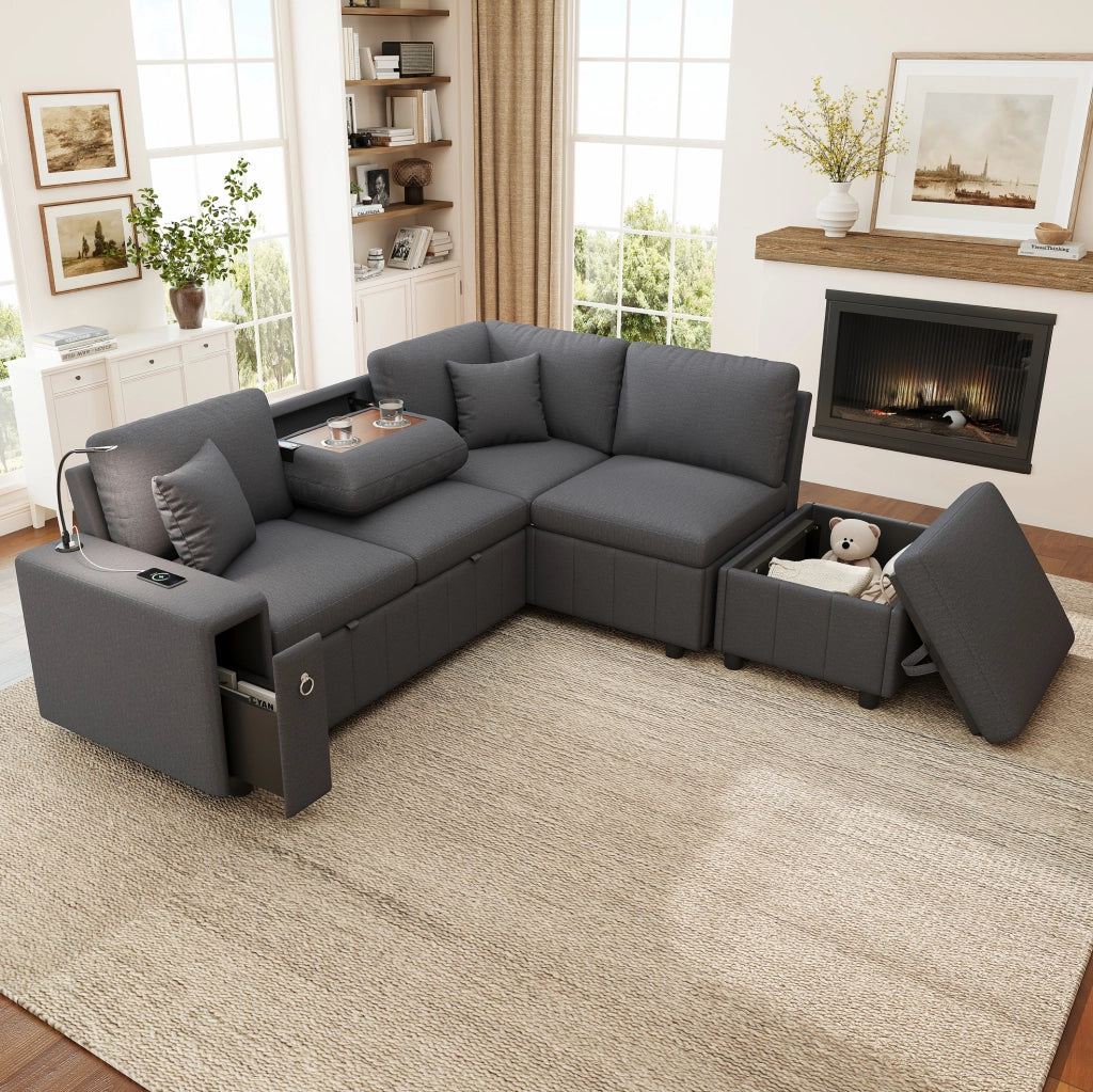 Divano letto angolare 5 posti con pouf contenitore; USB e Type-C grigio HOMVRA