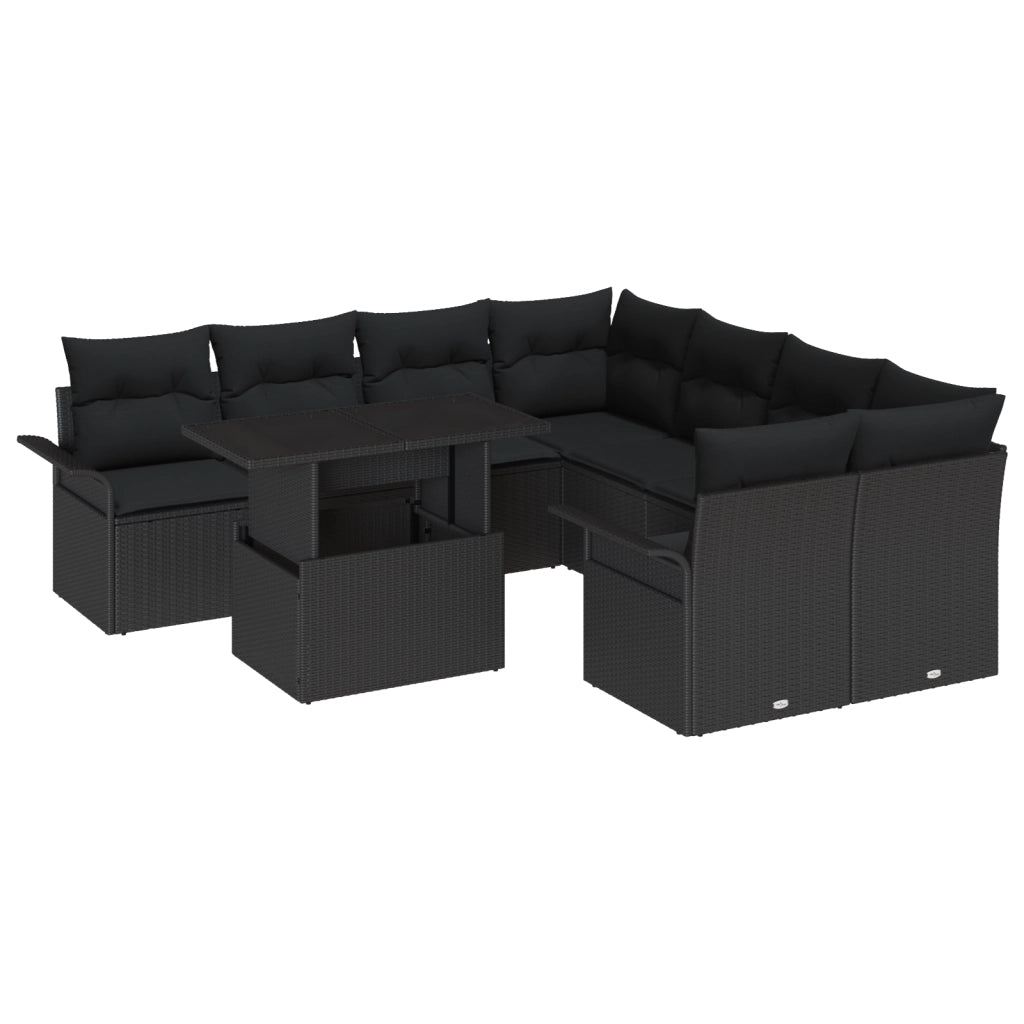 Set di Divani da Giardino 9 Pezzi con Cuscini Nero Polyrattan
