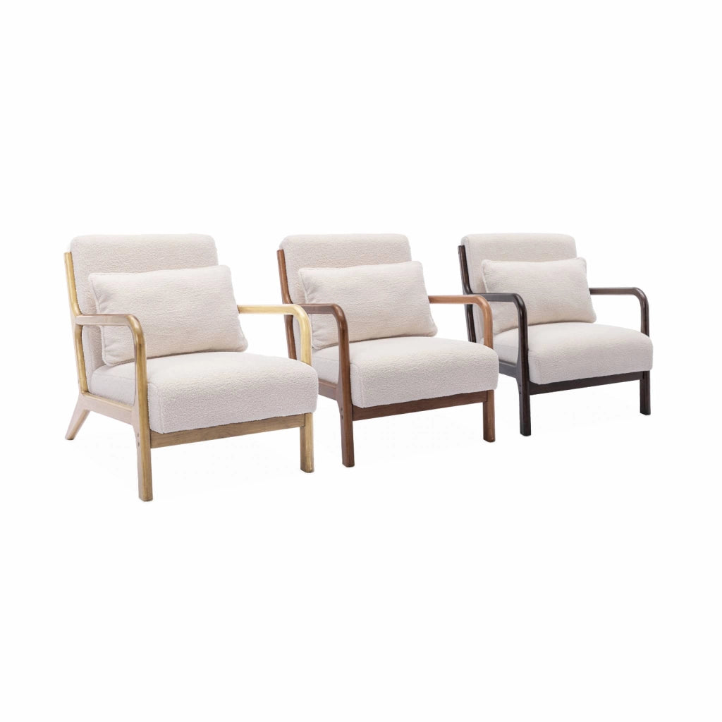 Poltrona scandinava in tessuto bouclé e legno di gomma scuro, crema