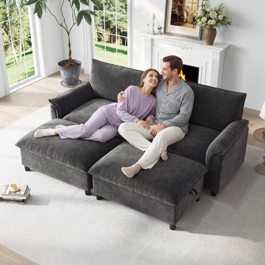 Divano in ciniglia grigio con pouf contenitore, 216 cm