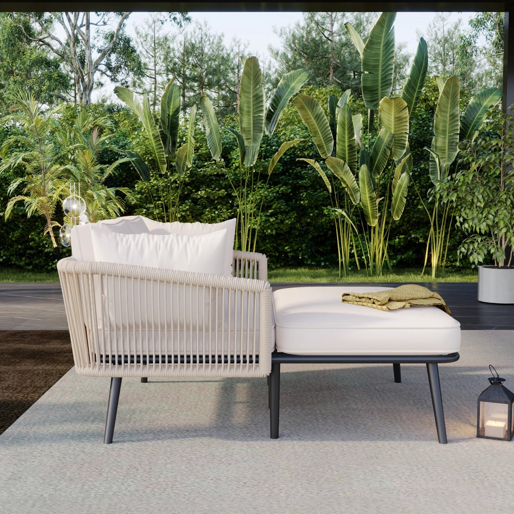 Chaise longue da giardino in acciaio zincato e poliestere beige con corda intrecciata cuscino sfoderabile