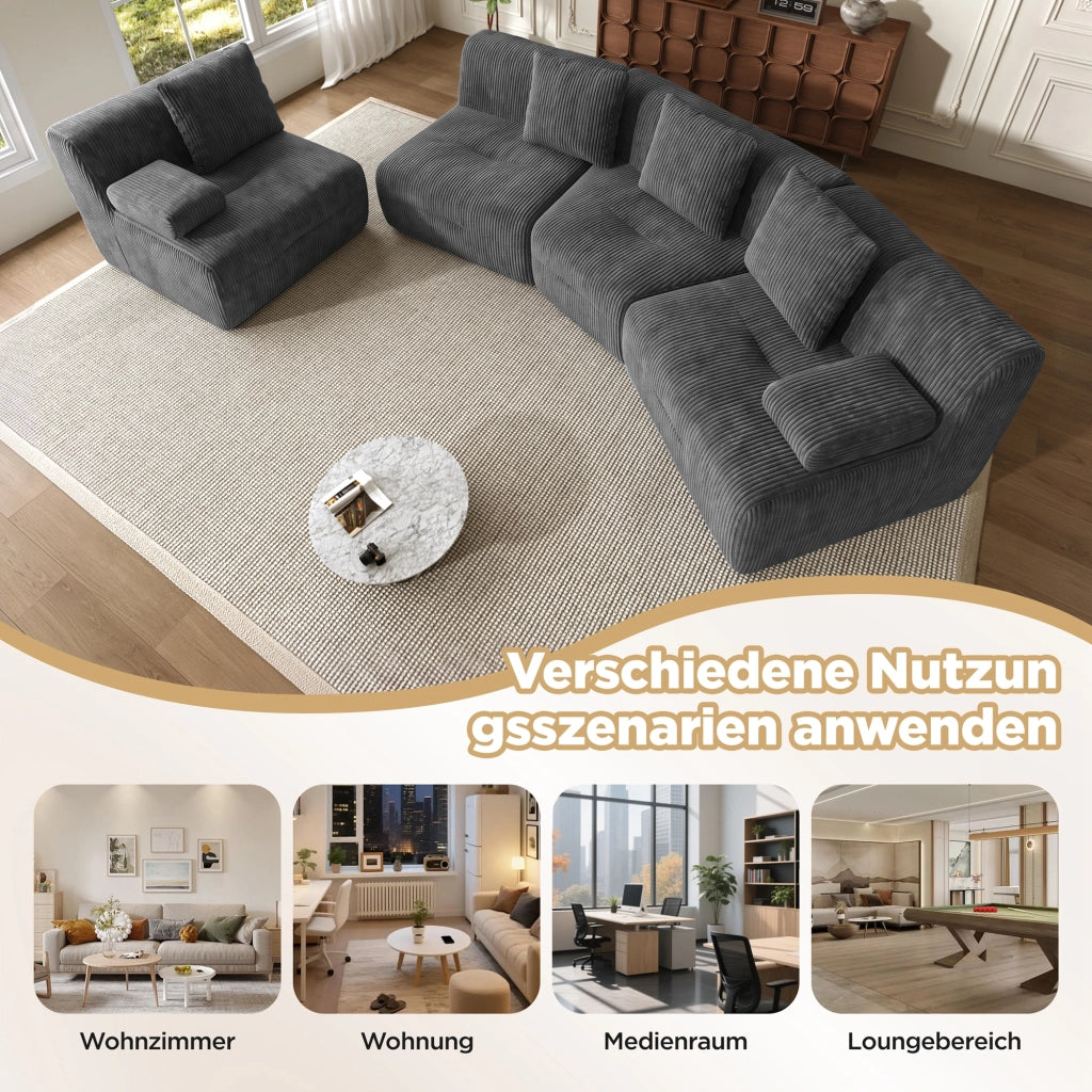 DIVANO Modulare 4 posti in velluto a coste 311x90x65 cm grigio scuro