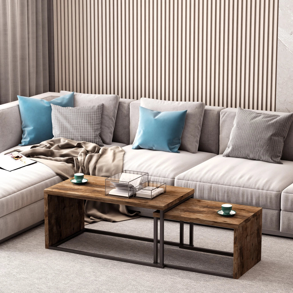 Tavolino da caff¨¨ gigogne design industriale ¨C zephmum ¨C 90x48x42 cm metallo nero effetto legno