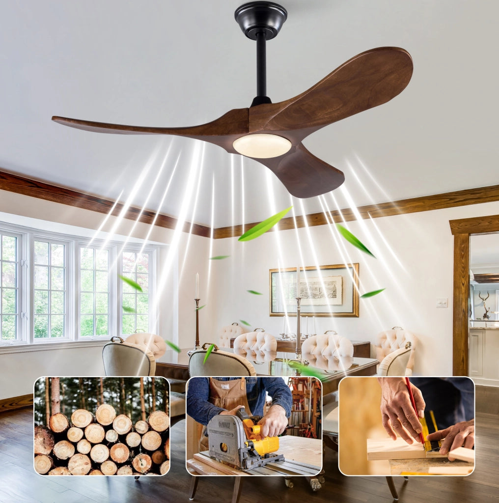 Ventilatore da soffitto con luce LED 42 pollici; 3 pale in legno massello noce; nero