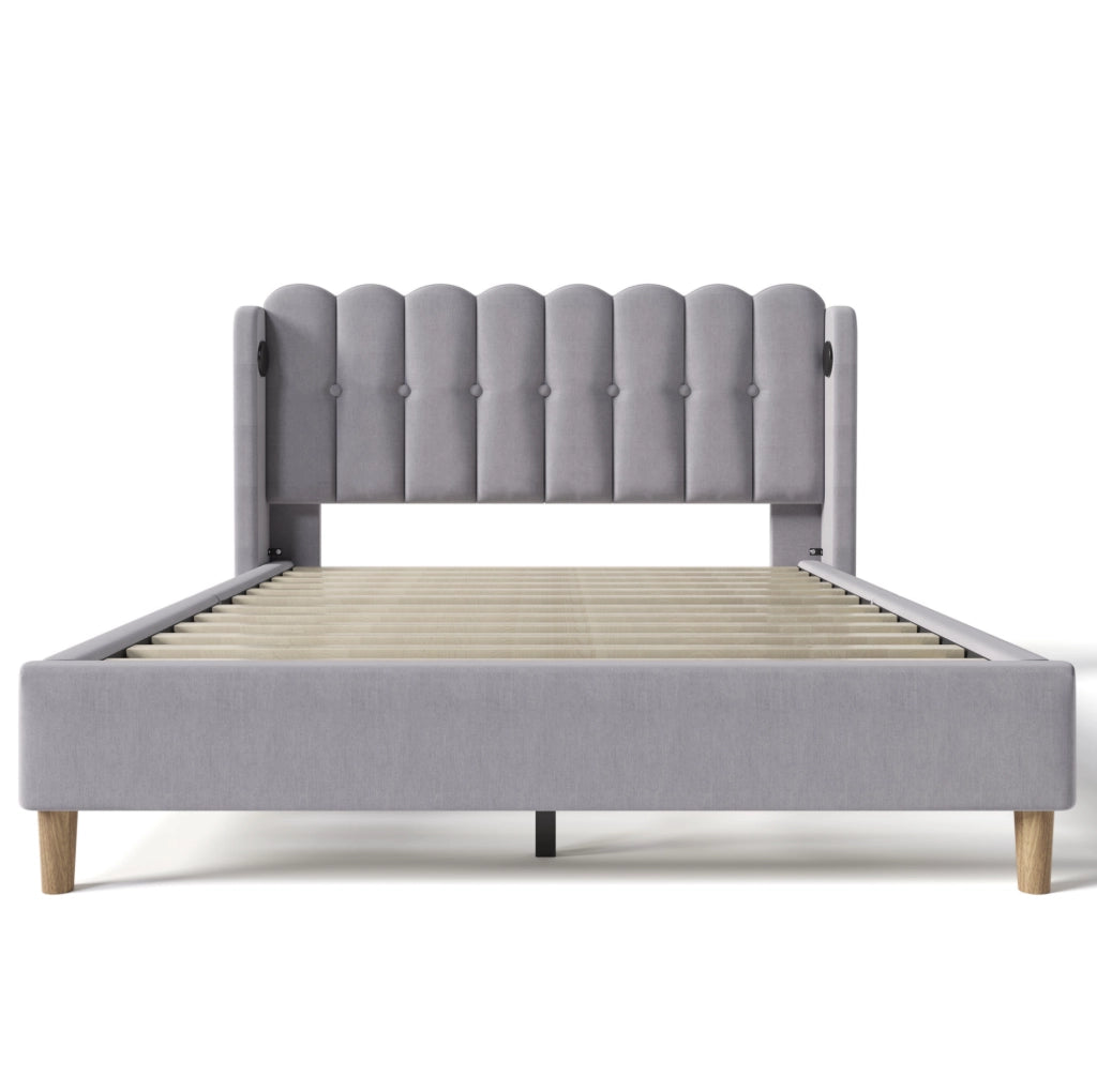 Letto imbottito 140x200 cm con USB e porta Type-C in lino grigio