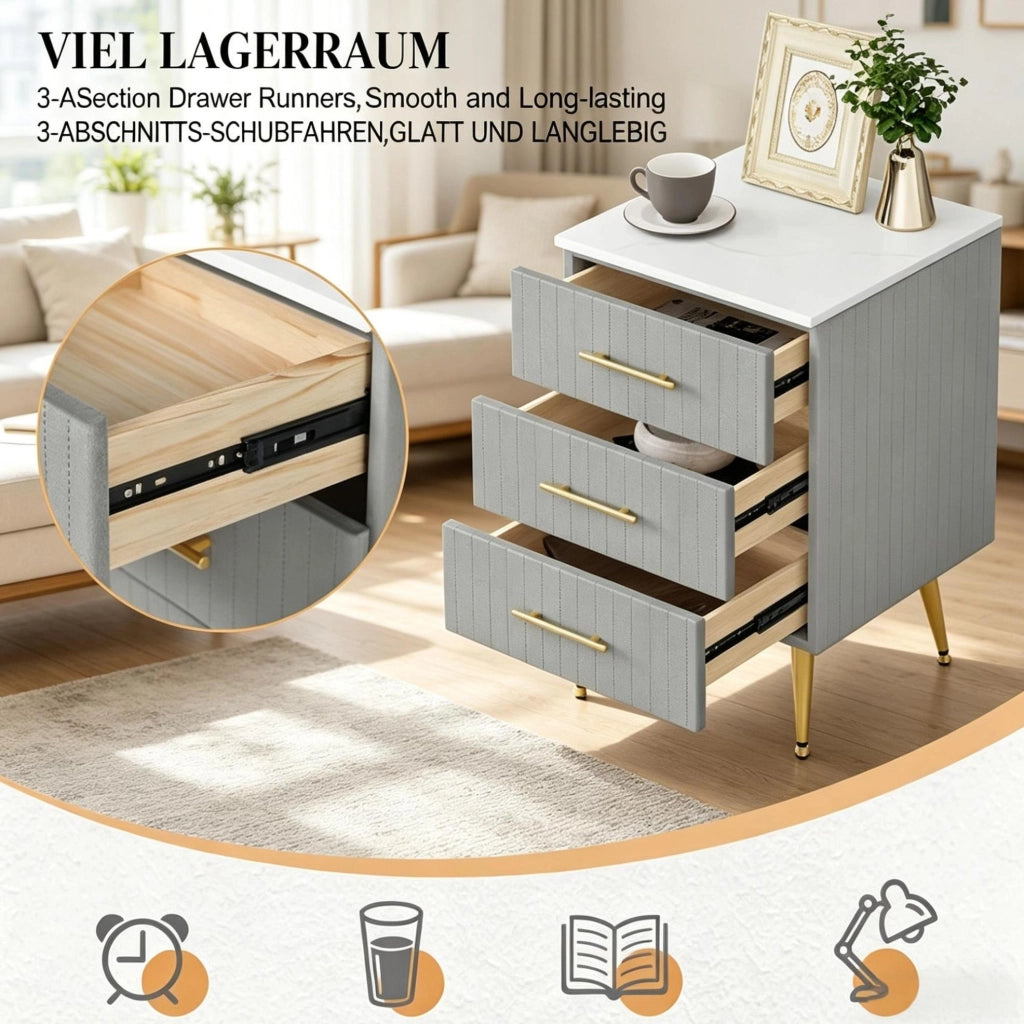 Comodino con 3 Cassetti Rivestito in Velluto con Gambe in Metallo Grigio