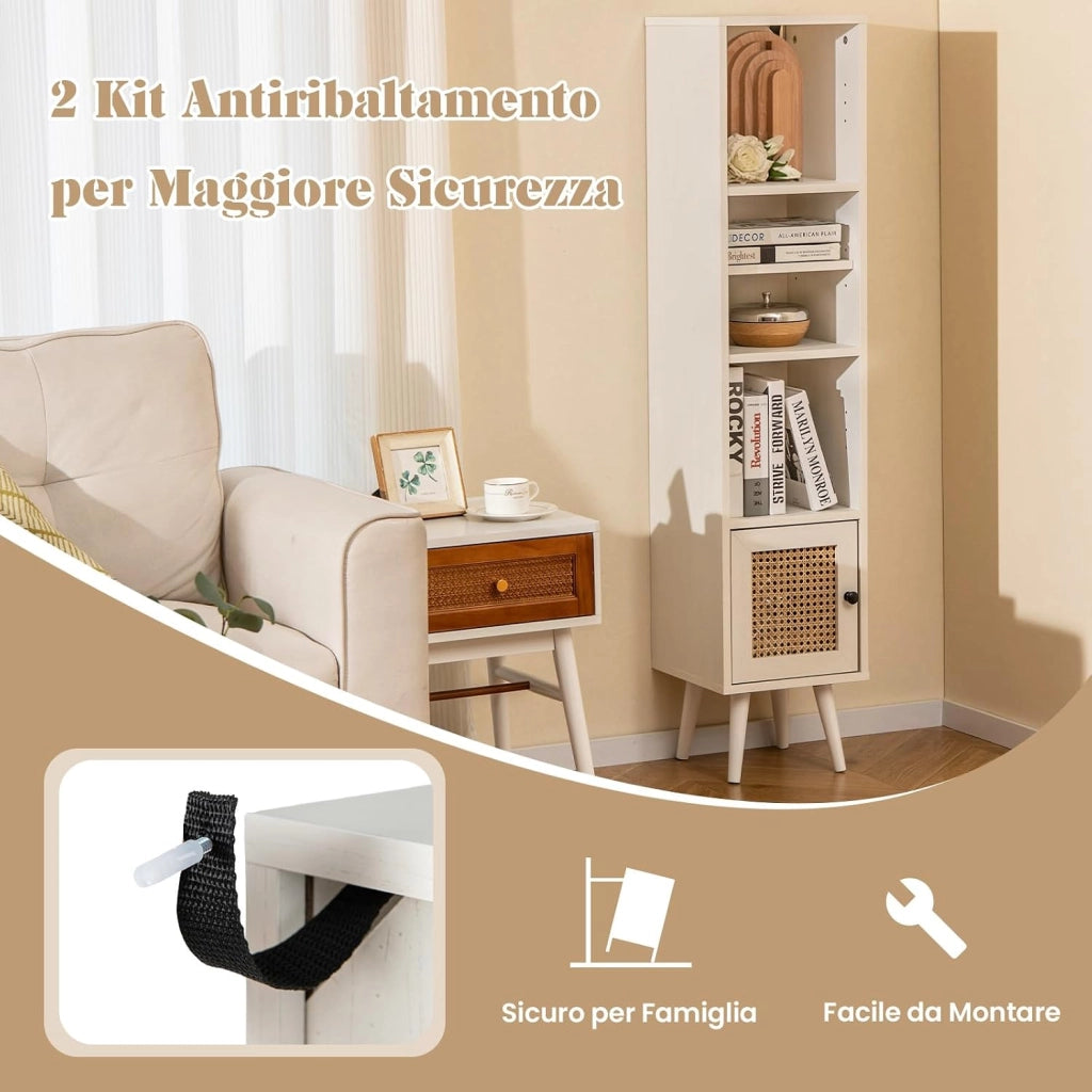 Libreria Scaffale con Anta in Rattan Naturale, Scaffale Legno in Stile Boho con 3 Ripiani Regolabili in 12 Posizioni, per Soggiorno Cucina e Camera da Letto, 29,5 x 29,5 x 137 cm (Bianco)