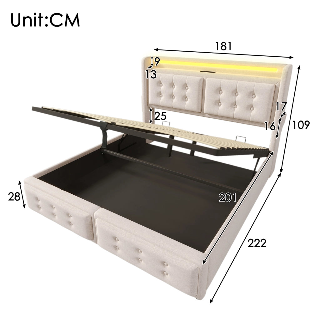 Letto matrimoniale 180x200 cm con contenitore; LED e USB C; tessuto cotone e lino beige