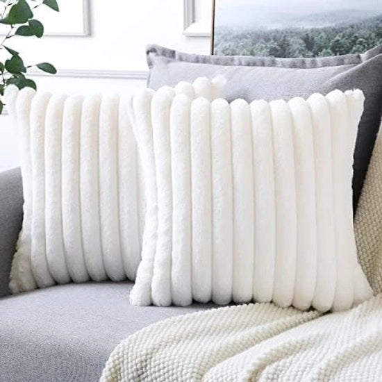 Set di 2 cuscini in piuma di velluto, morbidi pellicce in fibra sintetica, coperture decorative per divano, camera da letto, casa, auto, 50 x 50 cm, beige e bianco