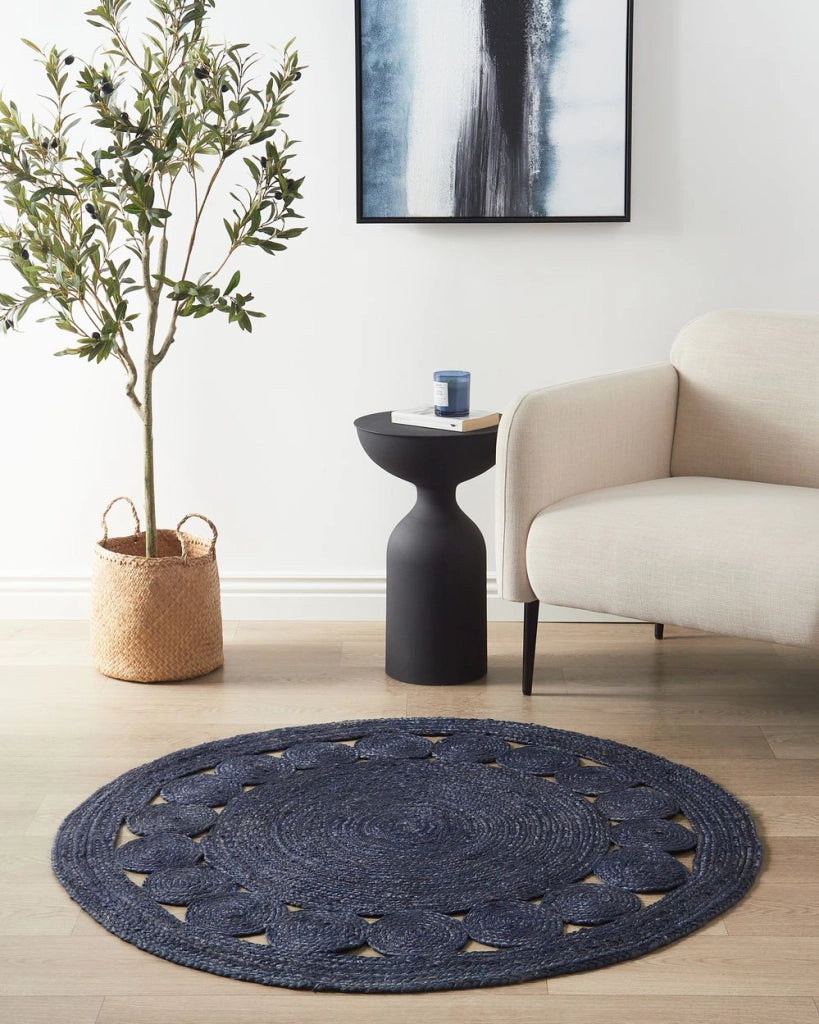 Tappeto Boho in iuta tessuto a mano  Blu Scuro rotondo ø 120 cm soggiorno camera da letto