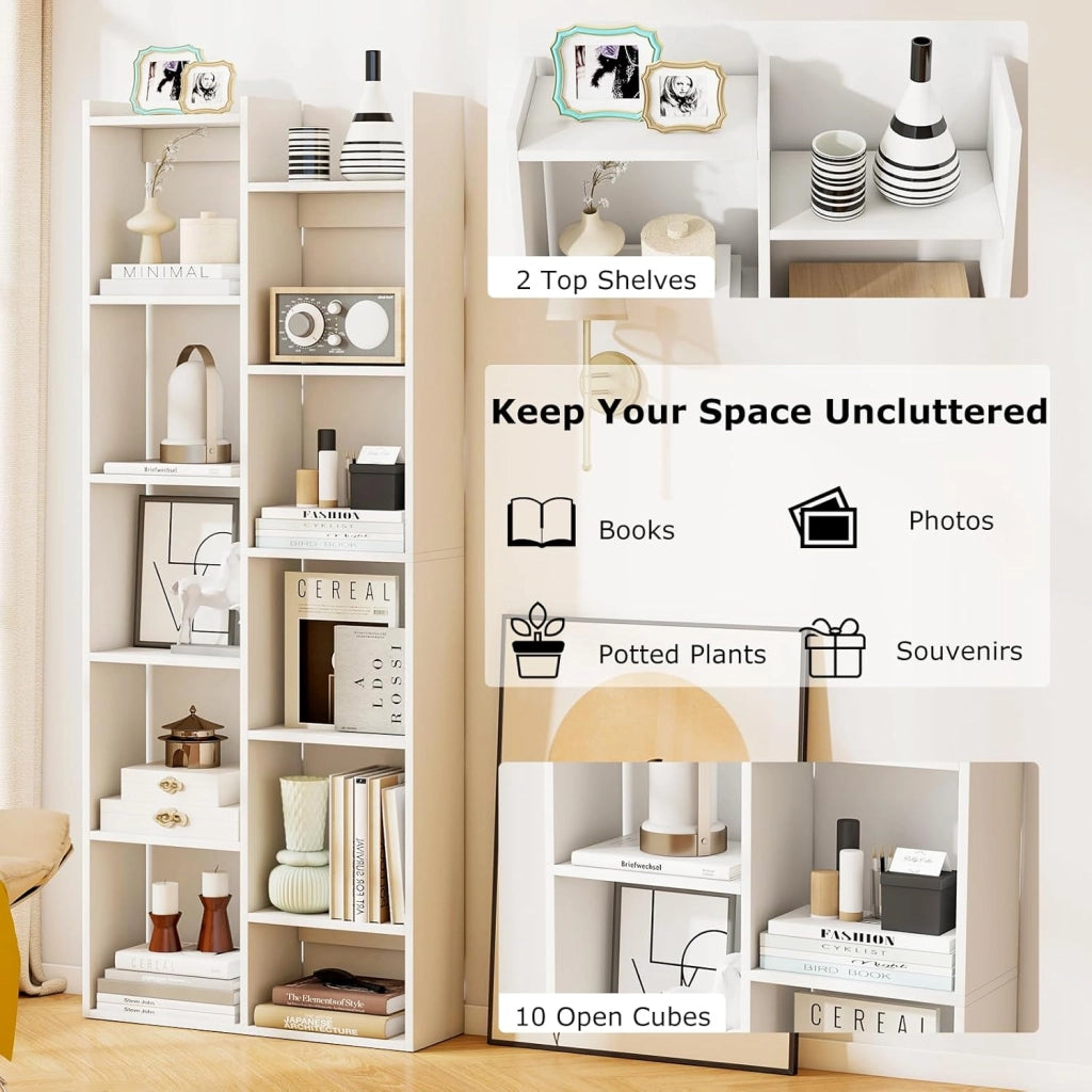 Libreria da Parete a 6 Ripiani con 10 Scomparti e 2 Mensole, Libreria Verticale a Forma di Albero con 2 Dispositivi Anti-Ribaltamento, Scaffale per Soggiorno, 65 x 20 x 162 cm (Bianco)