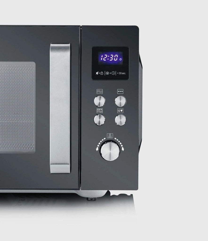 Severin mw7763 forno a microonde 2 in 1 con fondo in ceramica e grill, capacità 20 l, forno a microonde per scongelare e riscaldare, con grande superficie utile per stoviglie quadrate, nero/acciaio inox