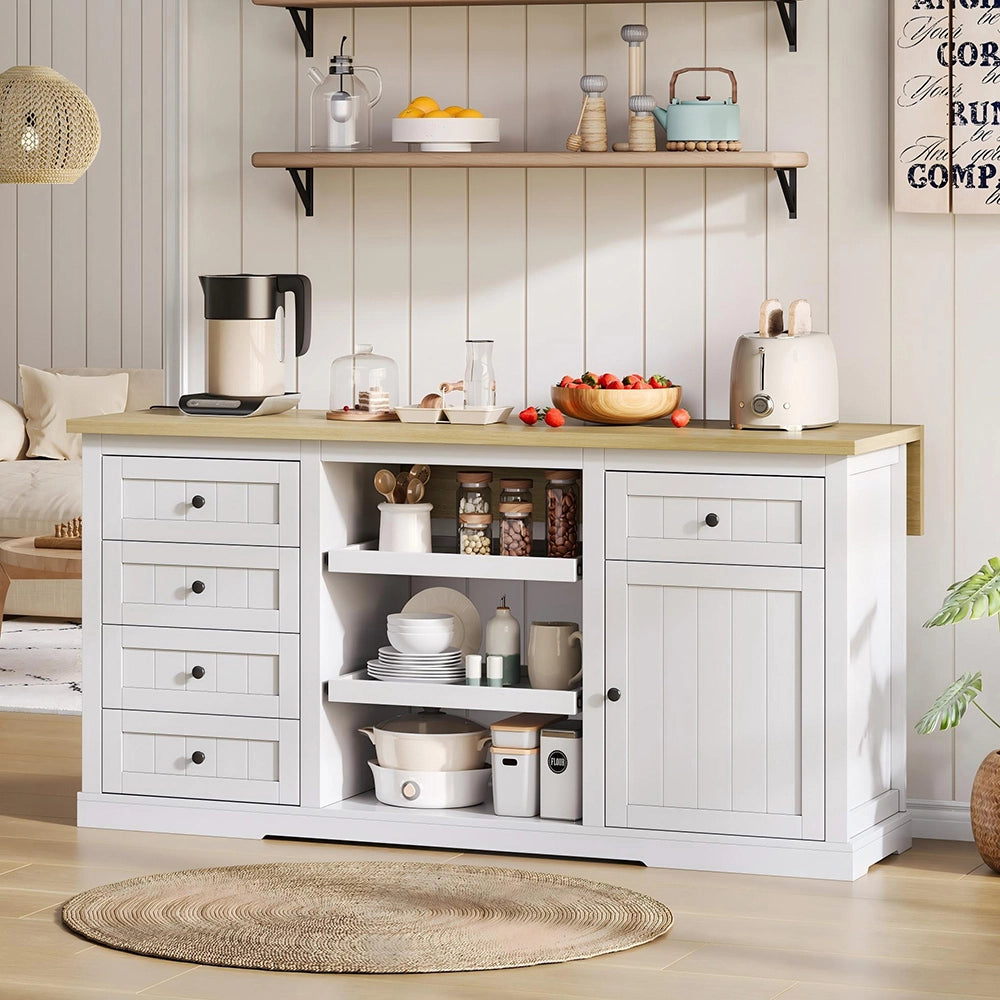 Buffet bar con prese - Xylo - 150x65x75cm bianco 5 cassetti