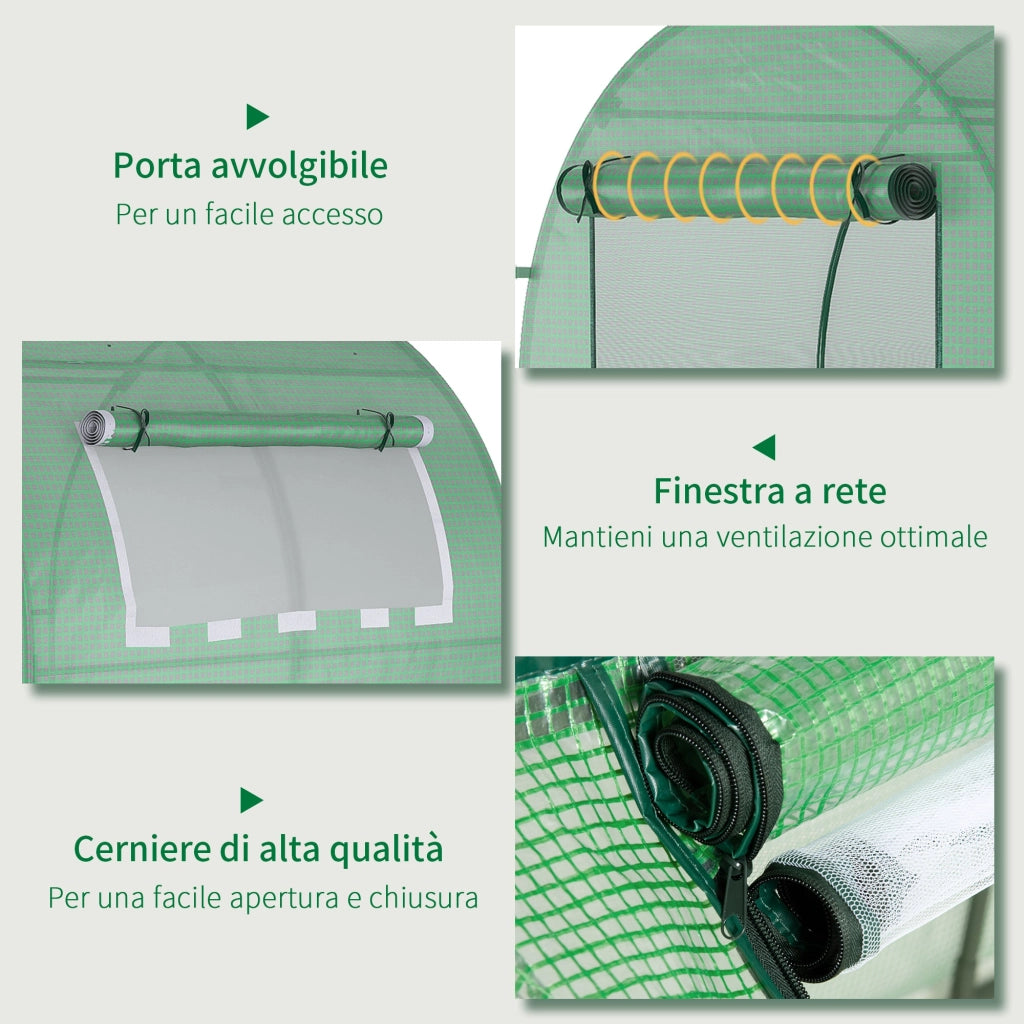 Serra da Giardino a Tunnel 180x180x200 cm con Porte e Finestre Avvolgibili in PE Verde