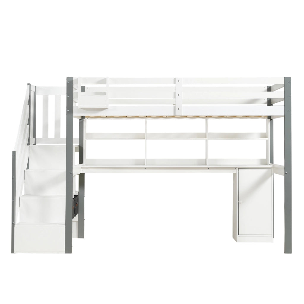 Letto a Soppalco 90x200 cm - Scala Laterale; Scrivania; Libreria e Armadio - Bianco
