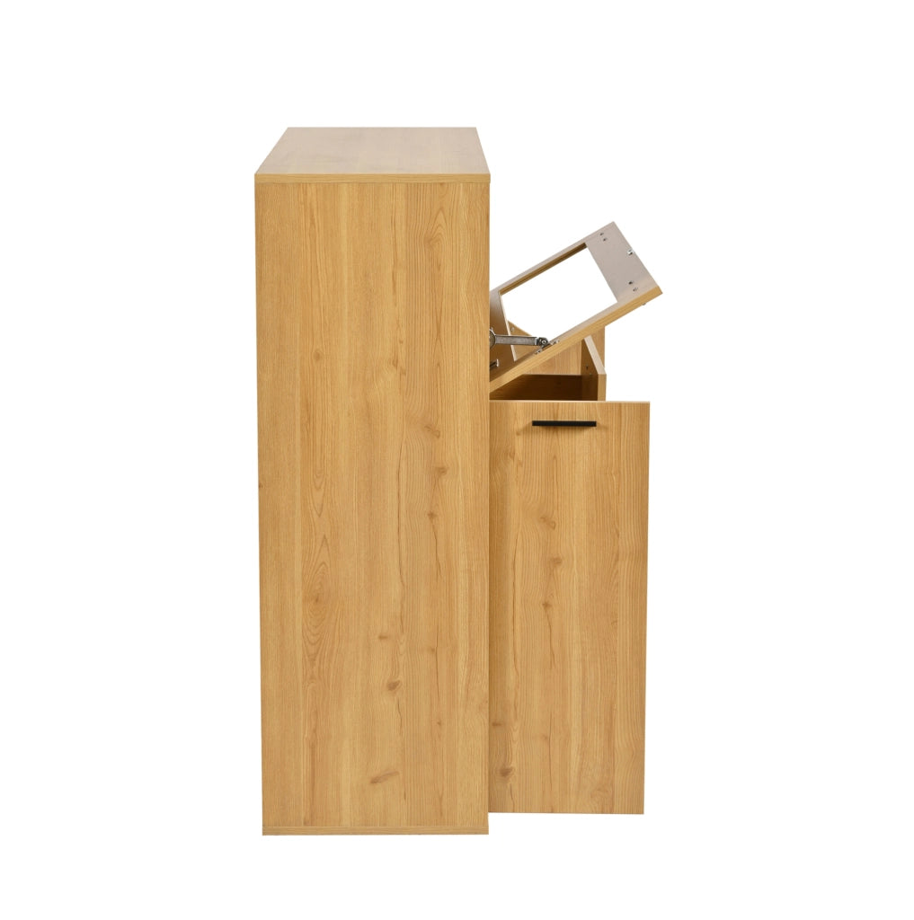 Credenza portabottiglie 110x38x111 cm con 2 ante; LED e divisorio in vetro; legno naturale e nero