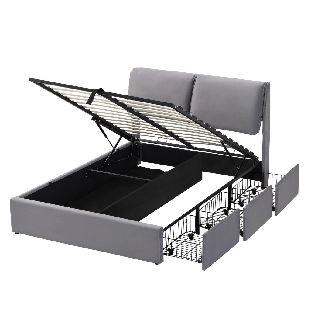 Letto imbottito 140x190 cm in velluto grigio con contenitore idraulico e 3 cassetti