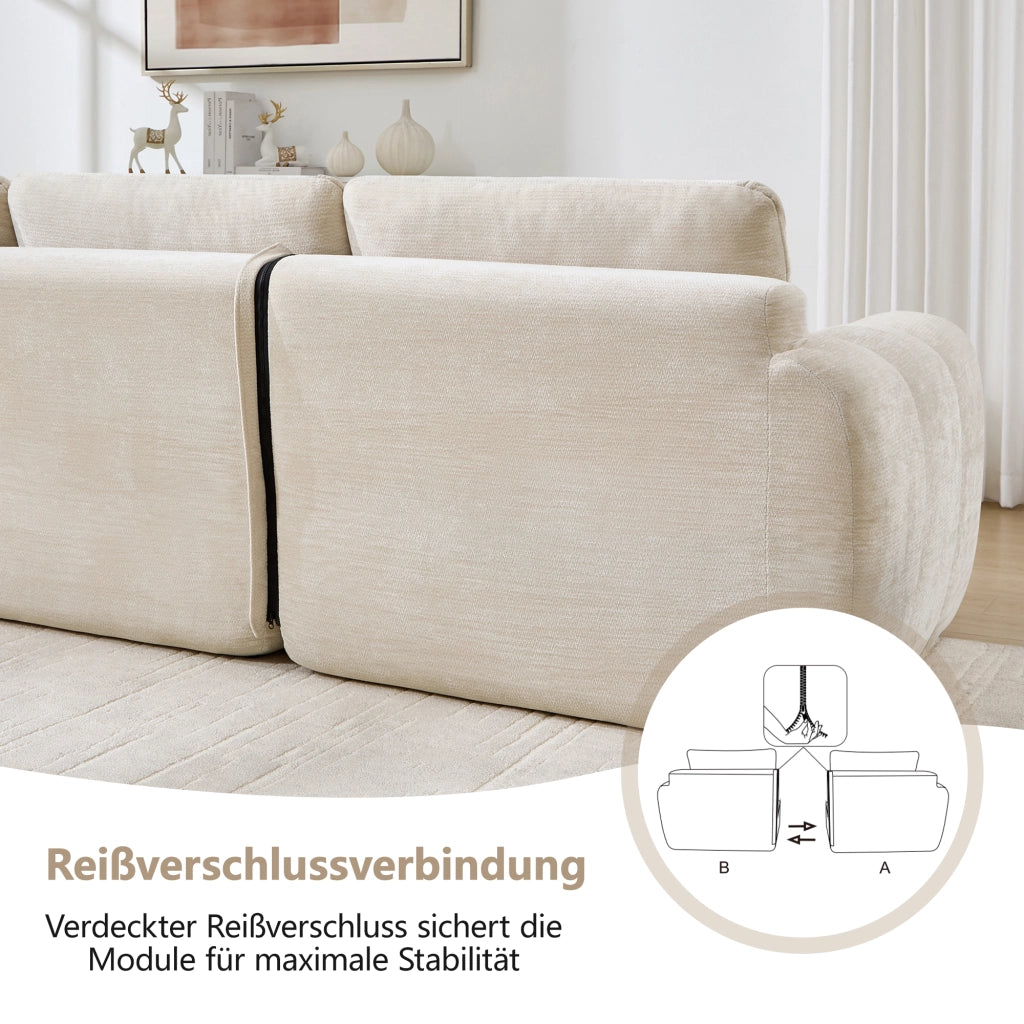 Divano angolare modulare 4 posti con seduta ampia e profonda in chenille beige senza montaggio 334 × 160 × 68 cm