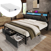 LETTO Matrimoniale 140x200 cm in lino grigio con testiera contenitore, LED e 2 cassetti