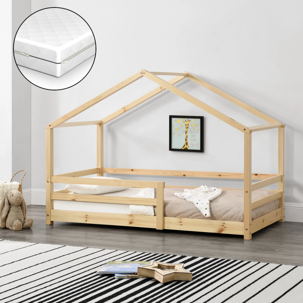 Letto per Bambino a Forma di Casetta con Barriere di Sicurezza e Materasso Ortopedico 80 x 160 cm Lettino in Legno di Pino con Sponde - Color Legno Naturale