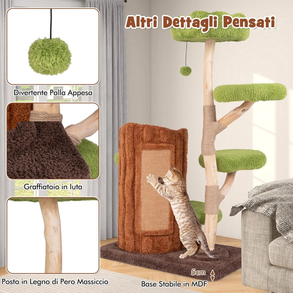Tiragraffi a Forma di Albero per Gatti 141cm, Albero per Animali Domestici con 2 Piani, Pali per Graffiare, Pannello in Sisal, Trespolo Superiore e Piattaforma Rotonda, Torre Moderno Interno