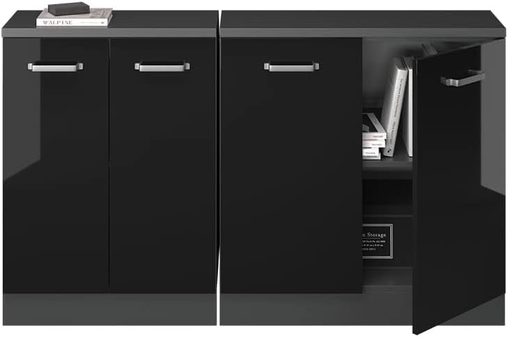 Set di mobili sottotetto Rion, Nero lucido, 140 cm Set di 2 carcasse armadio profondità 60 cm, adatto per il salvaspazio sotto tetti spioventi