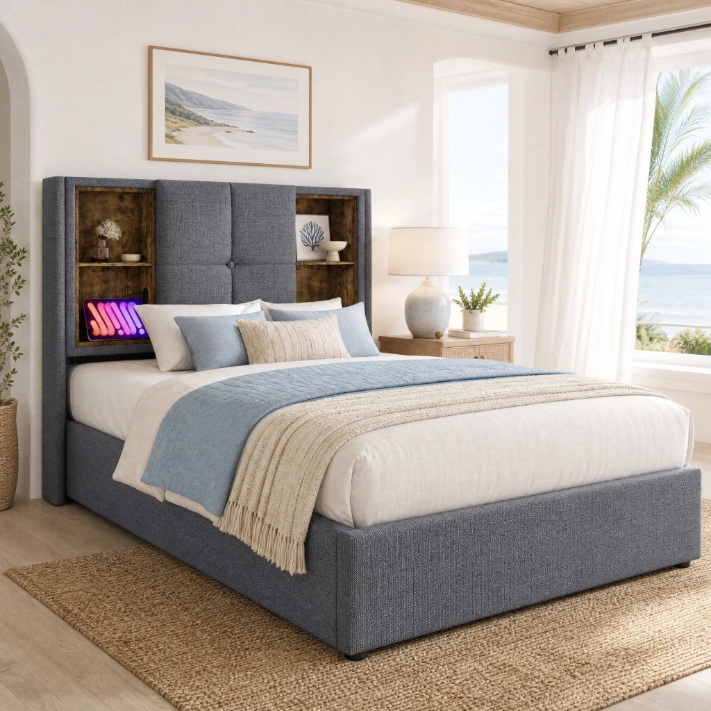 LETTO Contenitore 90x200 cm Grigio in cotone con ricarica wireless USB-C