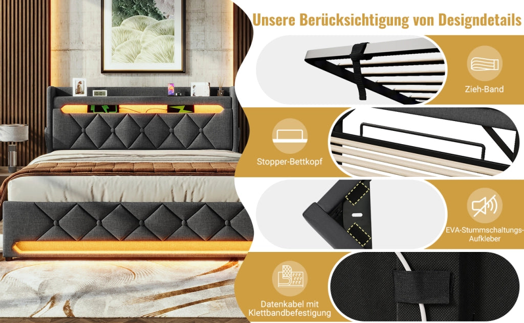 Letto matrimoniale 140x200 in lino grigio con materasso, testiera con porte USB e Type-C, illuminazione LED 360°, contenitore idraulico
