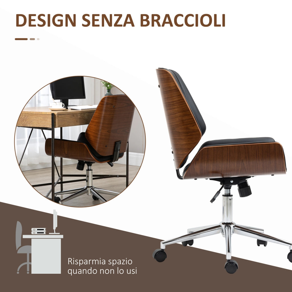 Sedia da Ufficio Vintage Imbottita. in Finta Pelle. Legno e Acciaio. 53x60x86-96 cm. Nero e Marrone Scuro