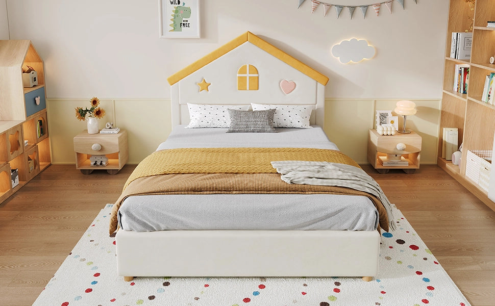 Letto per bambini 140 × 200 cm con testiera a casetta e 4 cassetti, senza materasso, in velluto beige