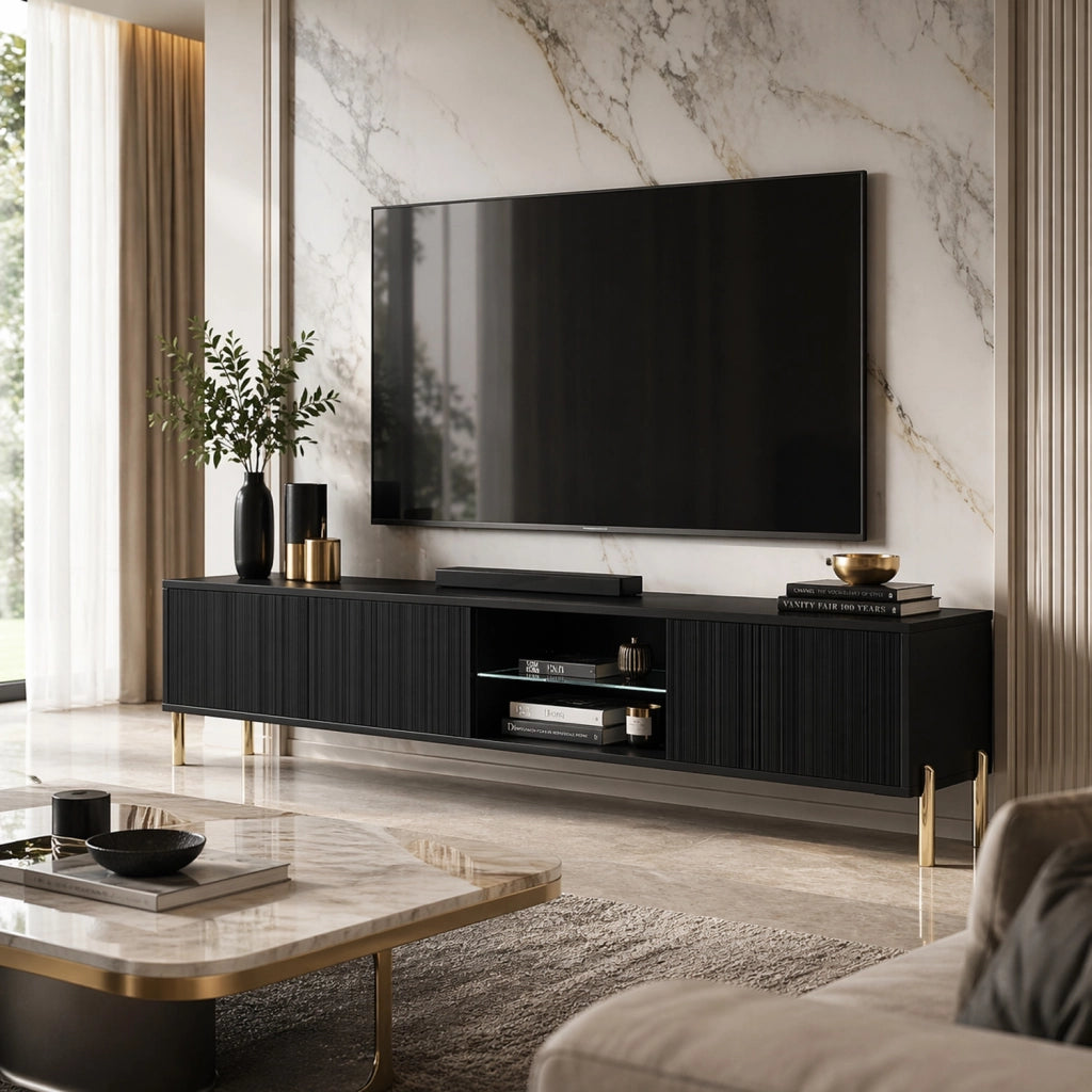 Mobile Porta TV Moderno Con 3 Ante Finitura A Doghe Verticali Vano Centrale Con Passacavi Struttura In Melaminico Per Soggiorno Salotto Design Moderno 175 X 31 X 47 Cm Nero