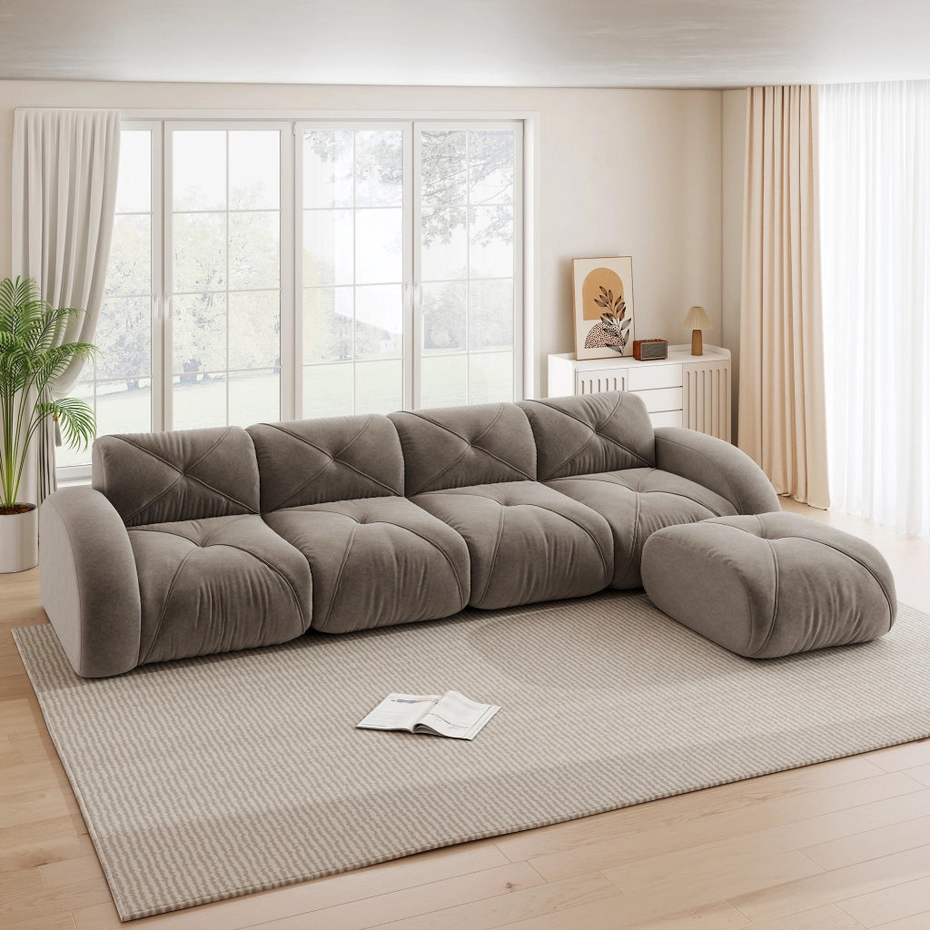 Divano angolare modulare 4 posti in chenille con pouf, seduta ampia e struttura senza telaio, per soggiorno, taupe