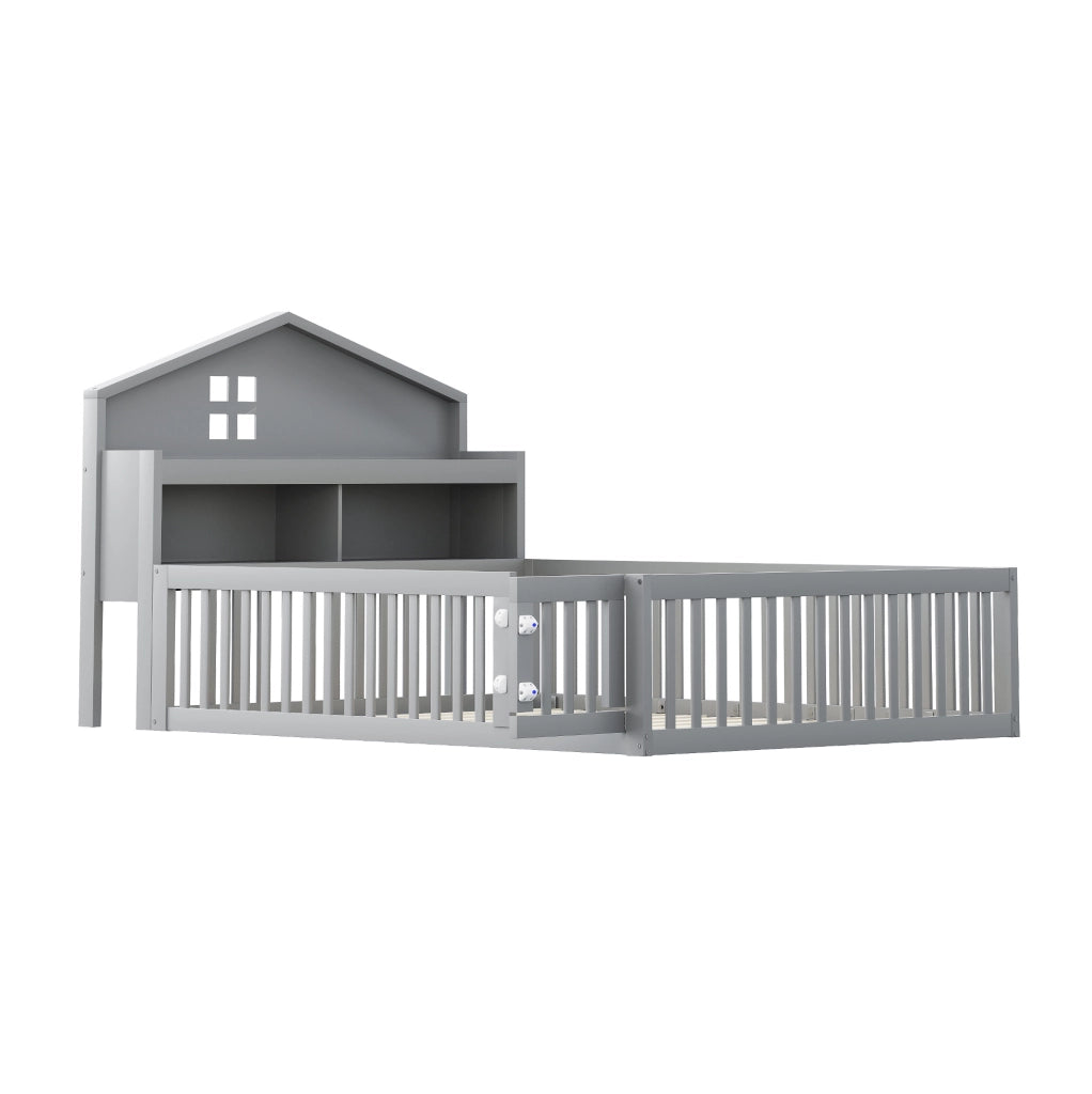 Letto per bambini a forma di casa 140x200 cm in legno massello grigio; con contenitore e rete a doghe