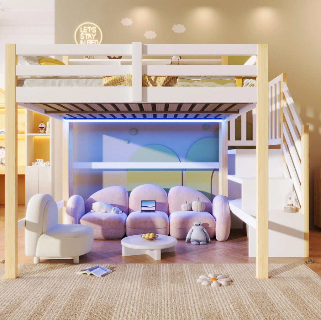 Letto a soppalco 140x200 cm con LED; scala contenitore e ringhiera; bianco e naturale