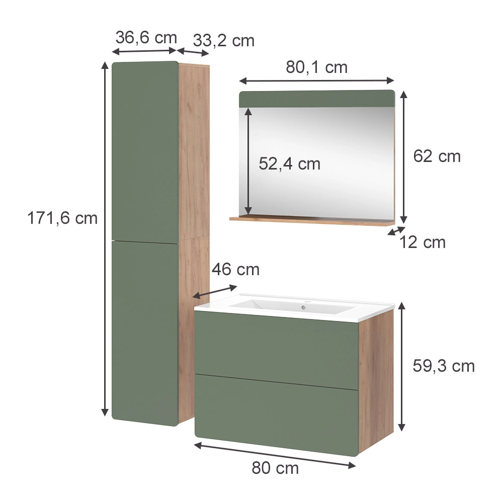 Vicco Set di mobili da bagno Goldkraft rovere/verde 4 parti con colonna