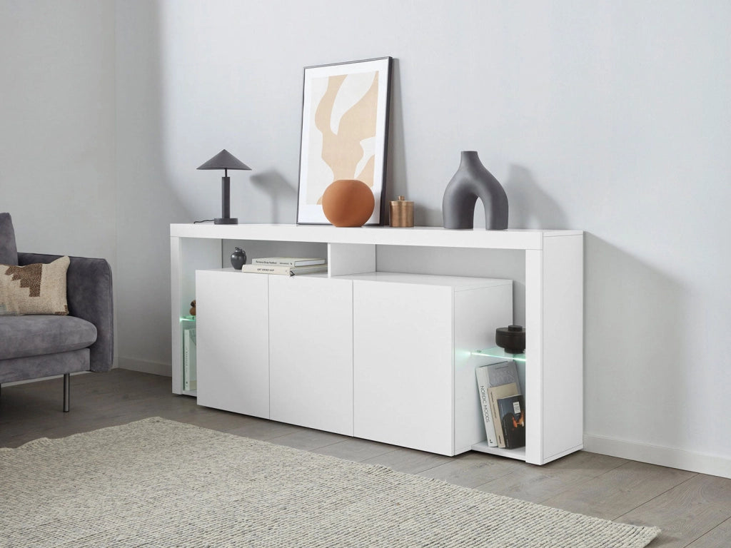 Credenza con 3 Ante e Ripiani in Vetro a Giorno 200x40x80 cm Essential 3A Bianco Lucido