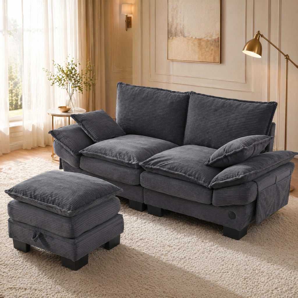 DIVANO 2 posti con pouf 190x132x84 cm in velluto a coste Grigio Scuro USB-C