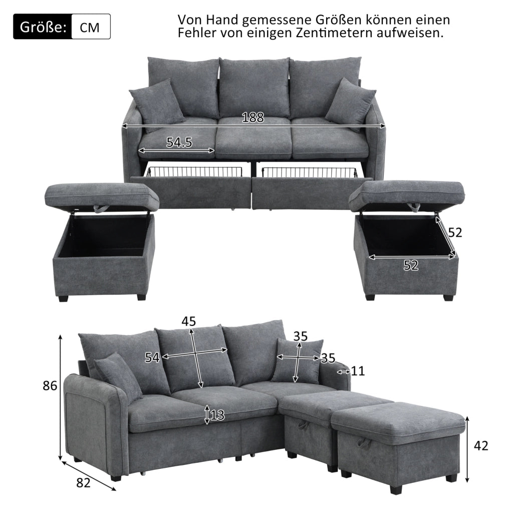 Divano angolare modulare 3 posti con 2 pouf contenitore 188x186x86 cm in chenille grigio scuro