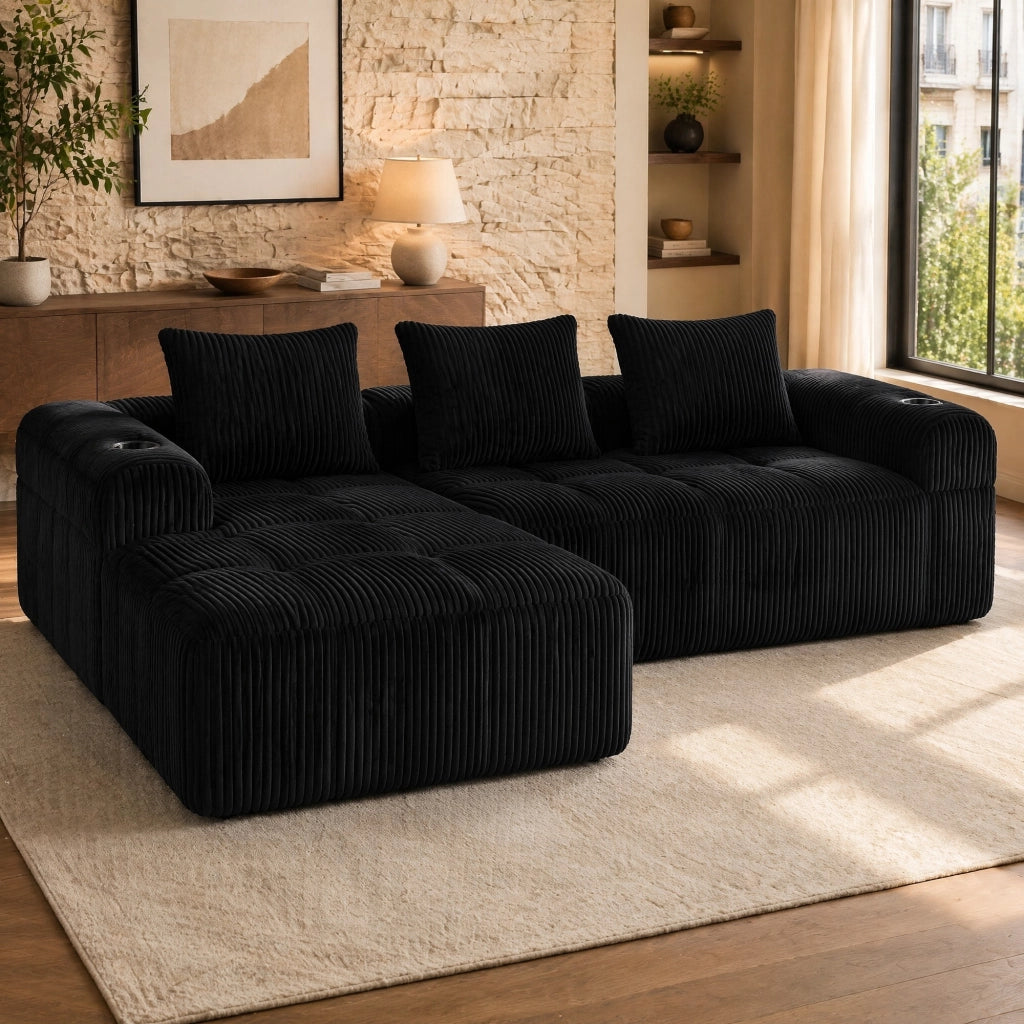 Sofa modulare in corduroy nero con tasche laterali e portabicchieri; 253 x 158 x 61 cm