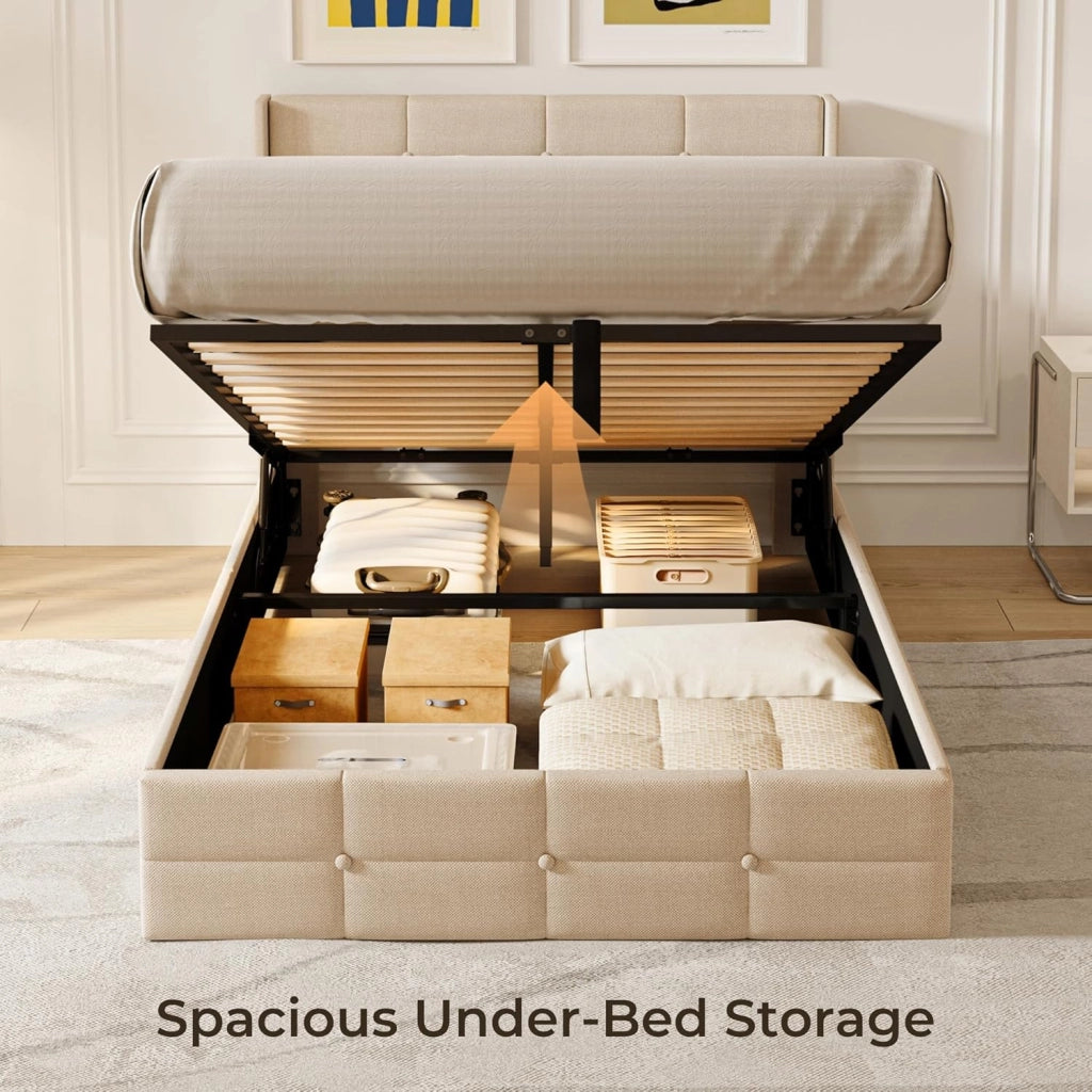 Letto contenitore idraulico 140 x 200CM, letto matrimoniale imbottito con testiera e contenitore, giroletto con rete a doghe, letto per ragazzi, senza materasso (Beige, 120X200)
